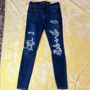 American Eagle Outfitters Women's Dark Blue Ripped Skinny Jeans